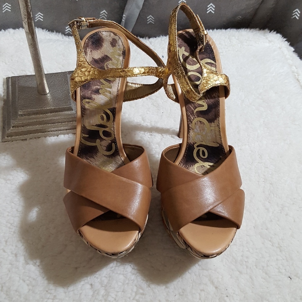 Sam Edelman Tan Leather Mason Open Toe Spike Heels